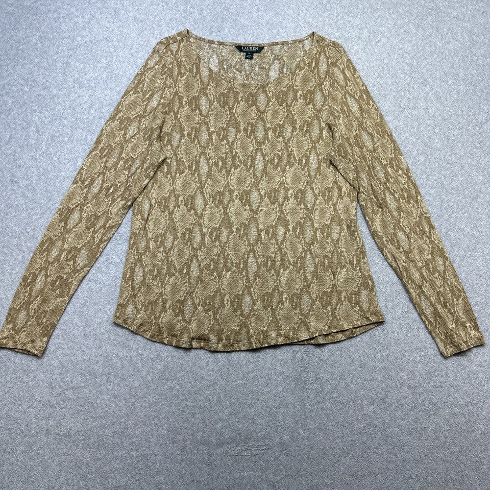 Lauren Ralph Lauren Linen Top XL Beige Brown Snakeskin Stylish Casual Chic Layer